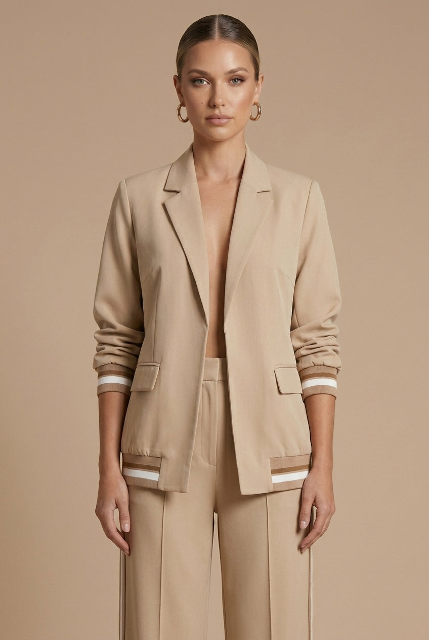 Women's Two Piece Set - Open Front Jacket and Wide Leg Pants with Stripe Trim