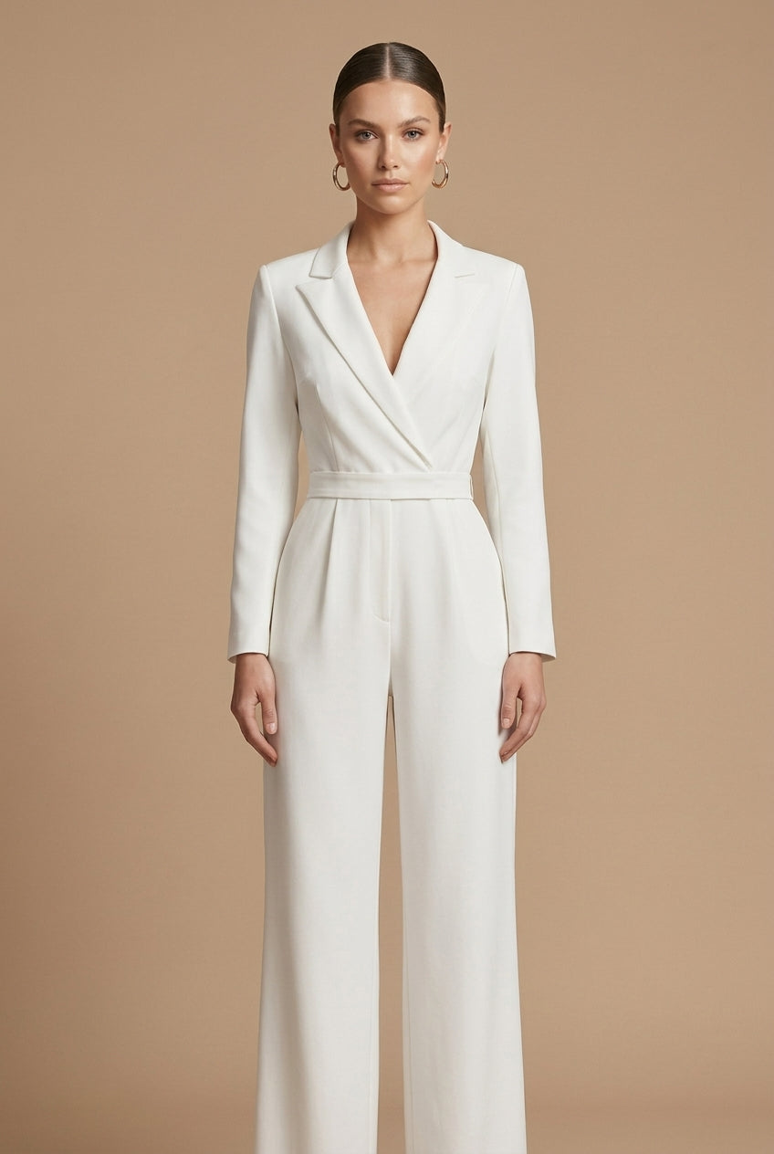 Women's Jumpsuit - Wide Leg Notch Lapel Long Sleeve Deep V Wrap Bodice