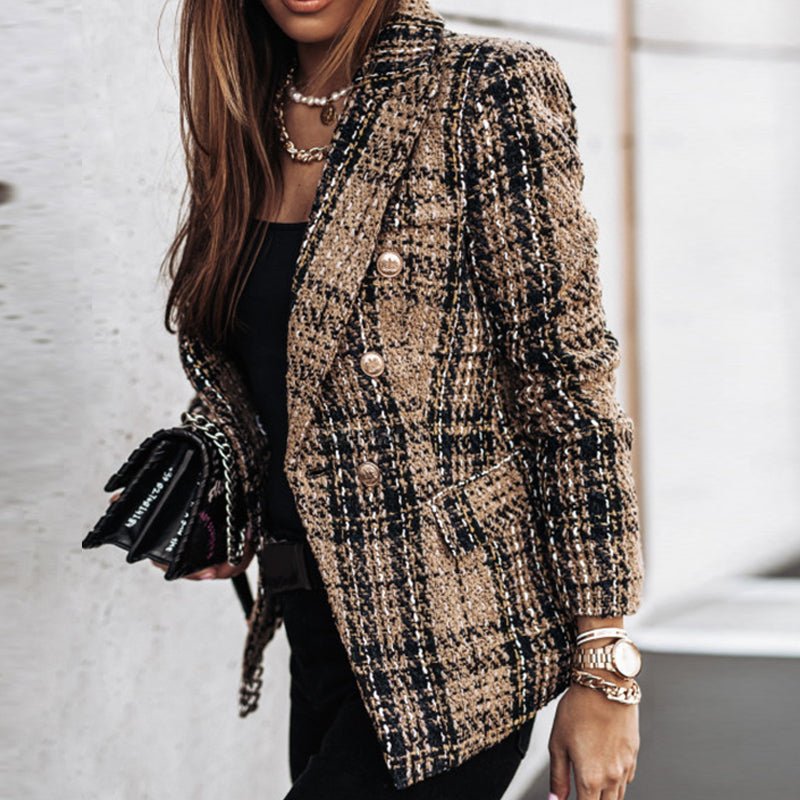 Women’s Classic Check Blazer Jacket – Tailored Button-Front Structured Fit