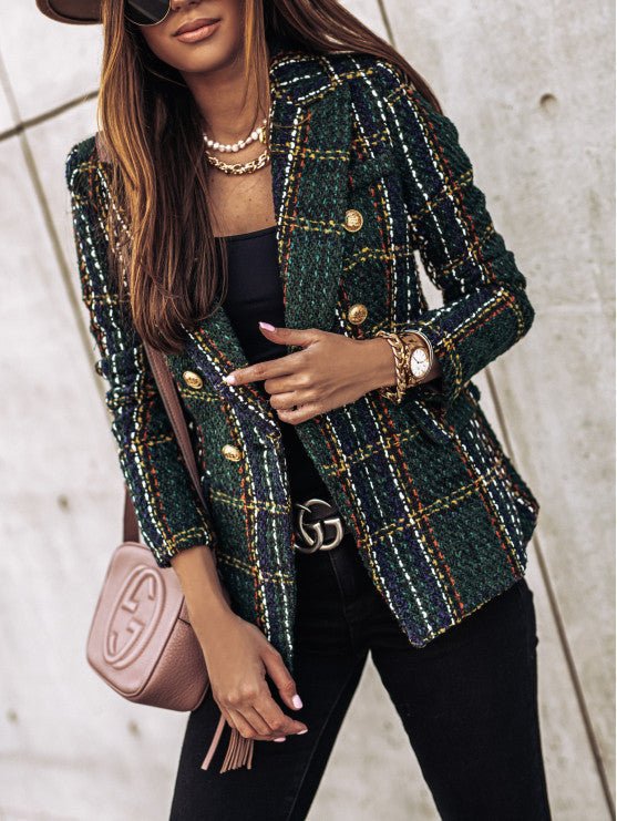 Women’s Classic Check Blazer Jacket – Tailored Button-Front Structured Fit