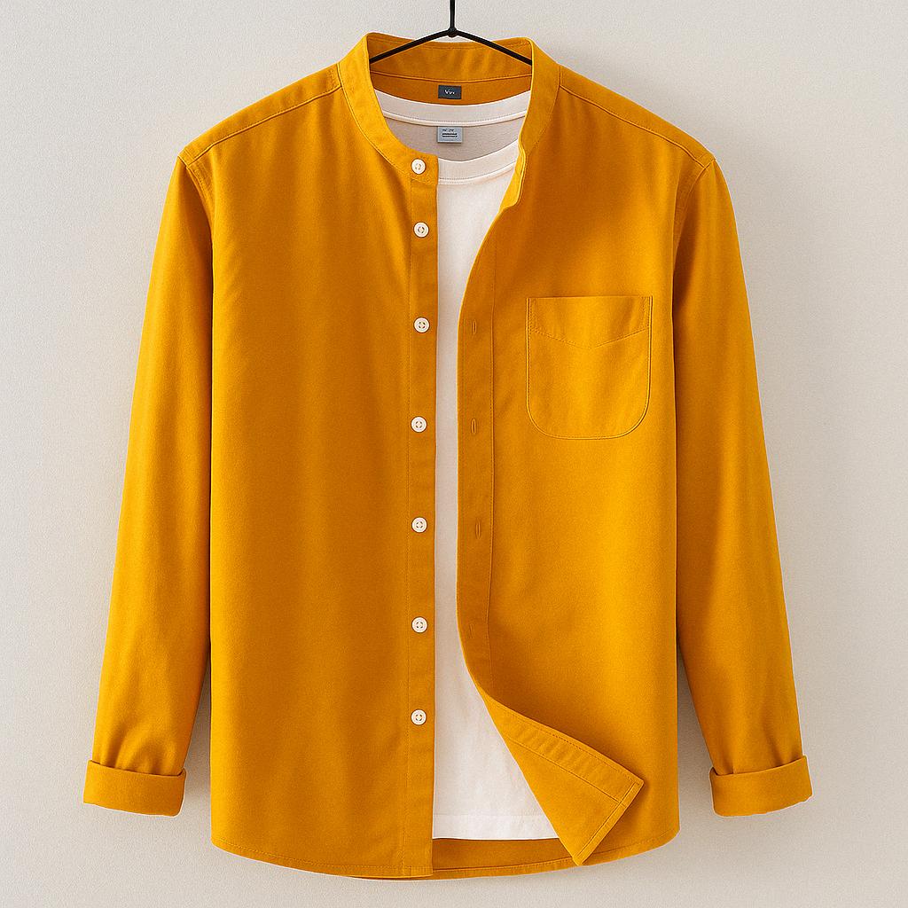Men's Long Sleeve Band Collar Button Down Shirt - Chest Pocket