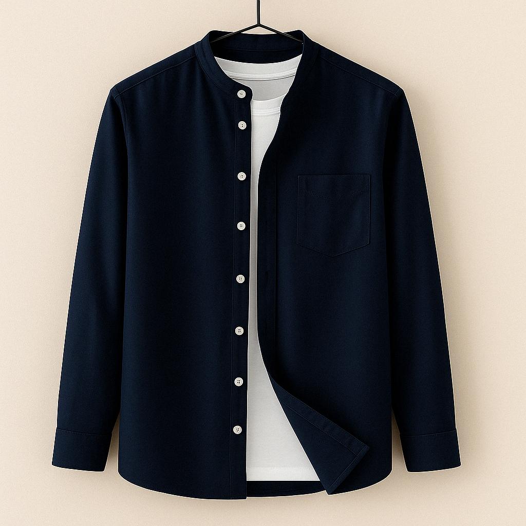 Men's Long Sleeve Band Collar Button Down Shirt - Chest Pocket