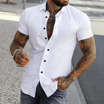Men's Short Sleeve Button Down Shirt - Spread Collar Slim Fit Curved Hem