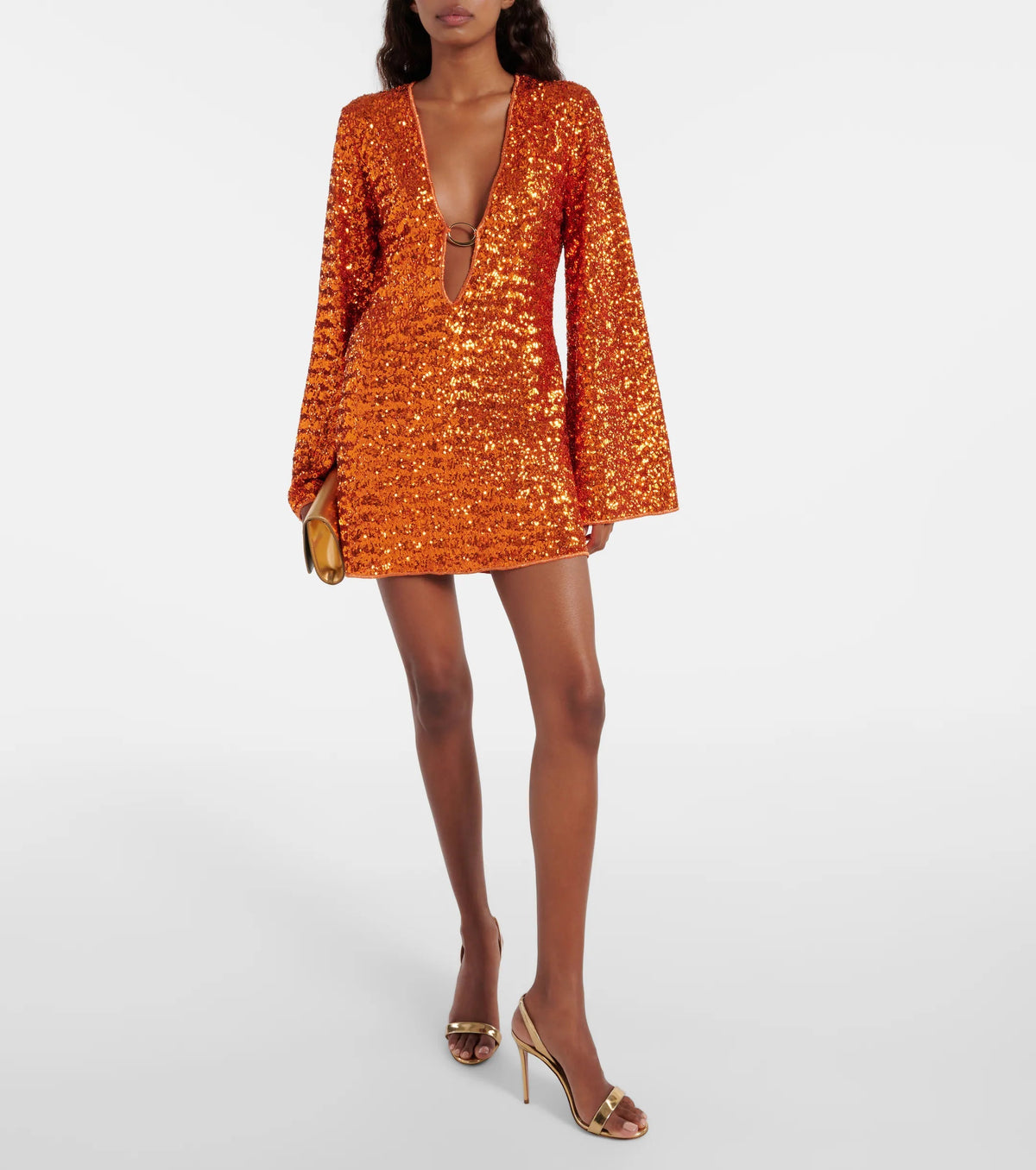 Women's Sequined V-Neck Long Sleeve Mini Dress