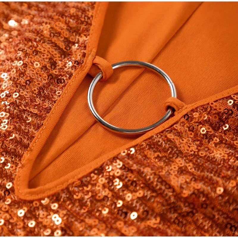 Women's Sequined V-Neck Long Sleeve Mini Dress