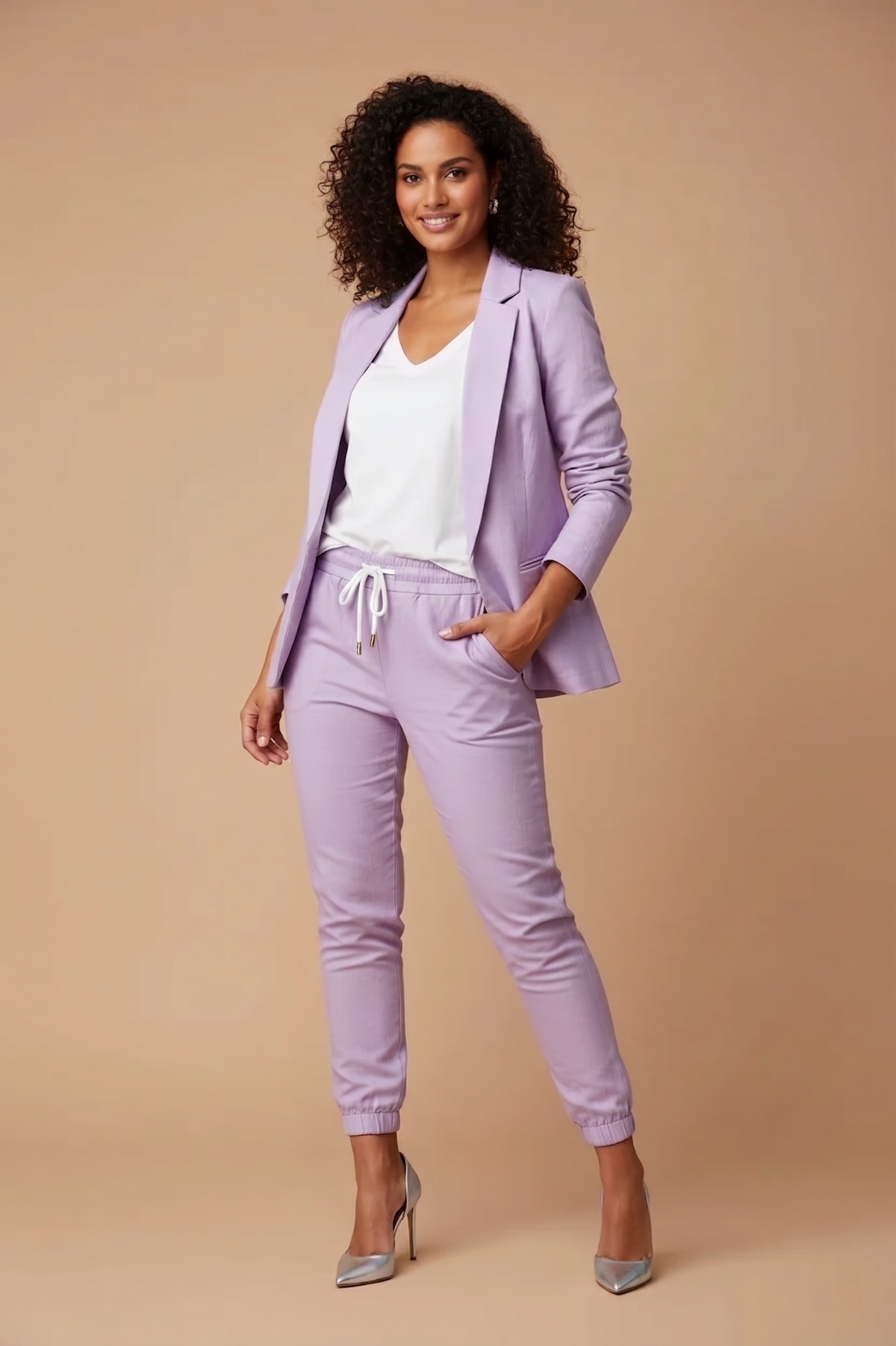 Women's Pant Suit Set - Open Front Blazer and Drawstring Tapered Pants