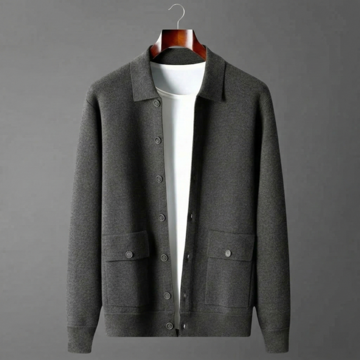 Men's Wool Cardigan - Button-Up Collar Long Sleeve