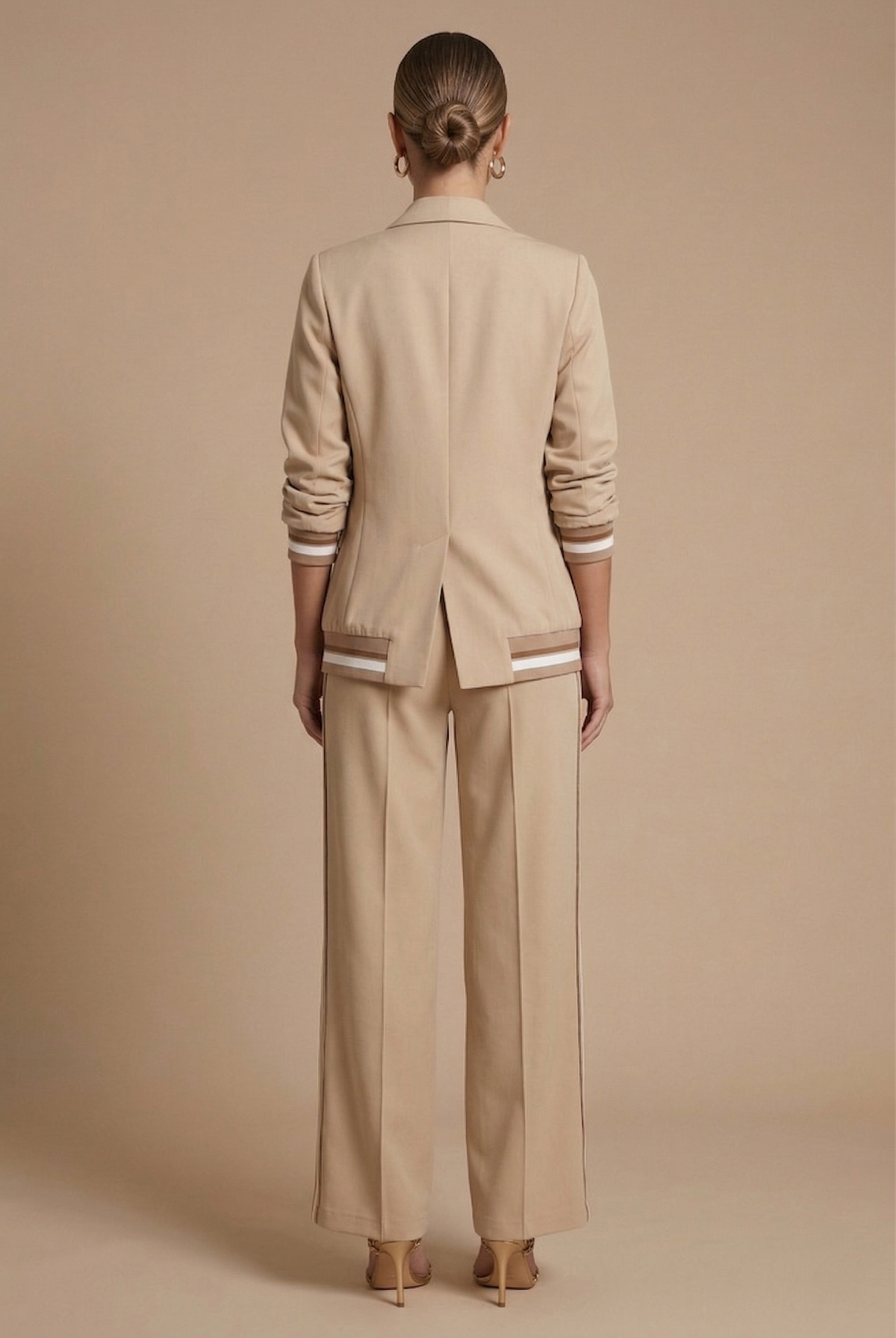 Women's Two Piece Set - Open Front Jacket and Wide Leg Pants with Stripe Trim