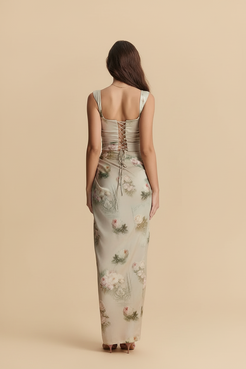 Women's Two Piece Set - Square Neck Crop Top and Maxi Skirt - Split