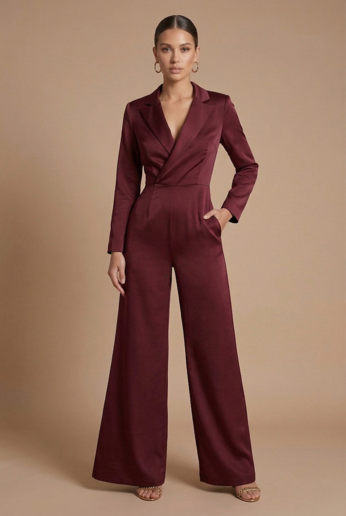 Women's Jumpsuit - Wide Leg Notch Lapel Long Sleeve Deep V Wrap Bodice