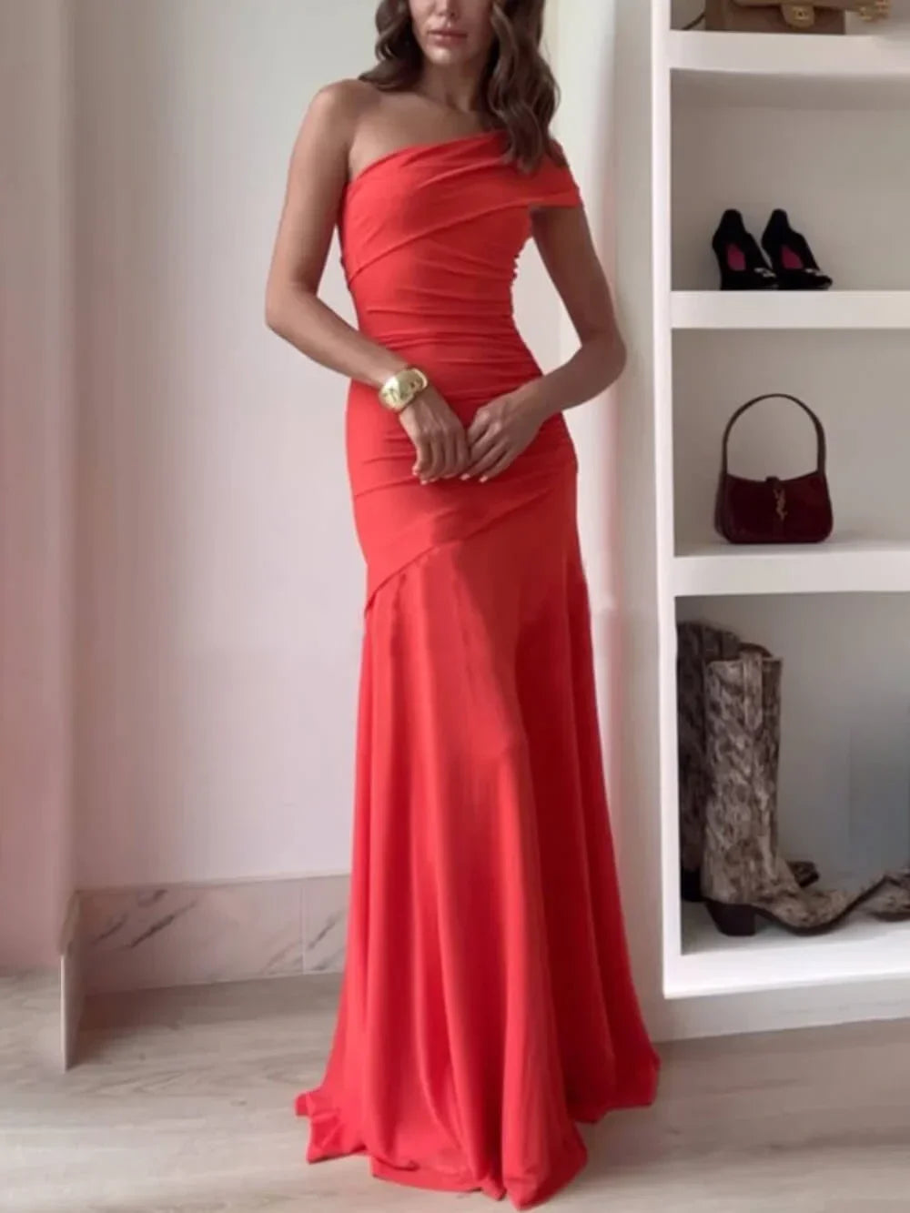 Women's One Shoulder Ruched Bodycon Maxi Dress