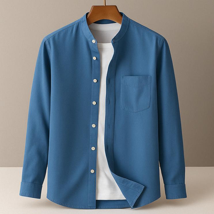 Men's Long Sleeve Band Collar Button Down Shirt - Chest Pocket