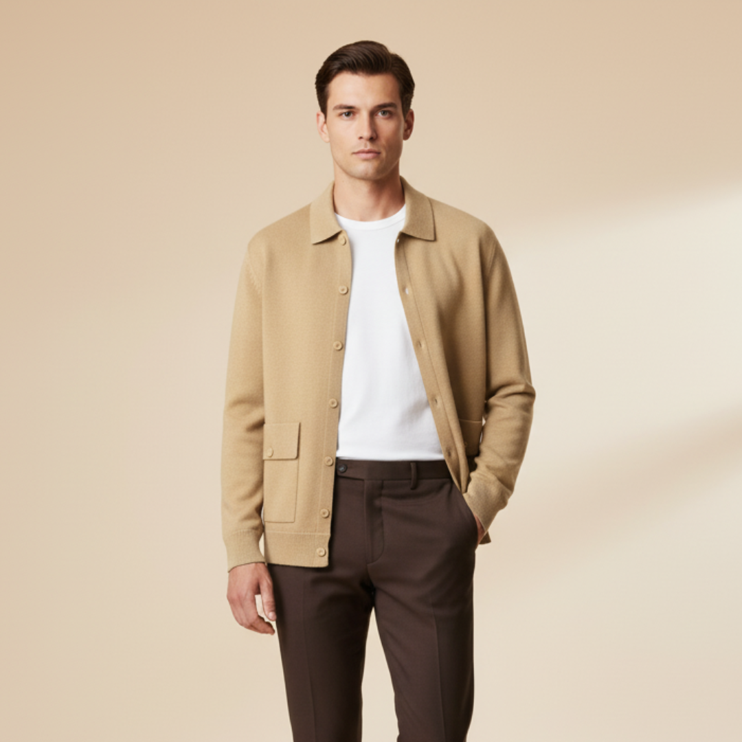 Men's Wool Cardigan - Button-Up Collar Long Sleeve