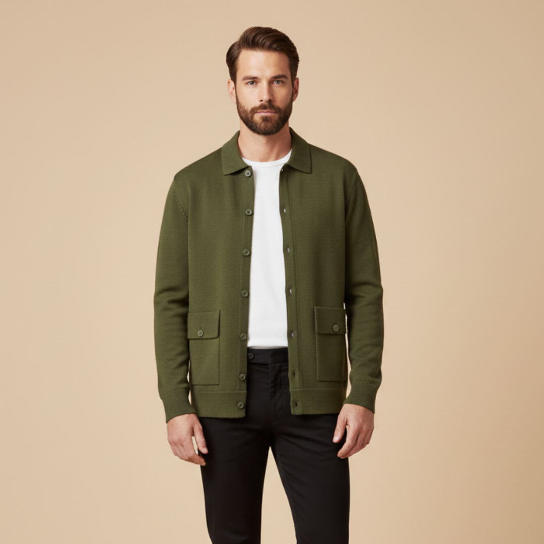 Men's Wool Cardigan - Button-Up Collar Long Sleeve