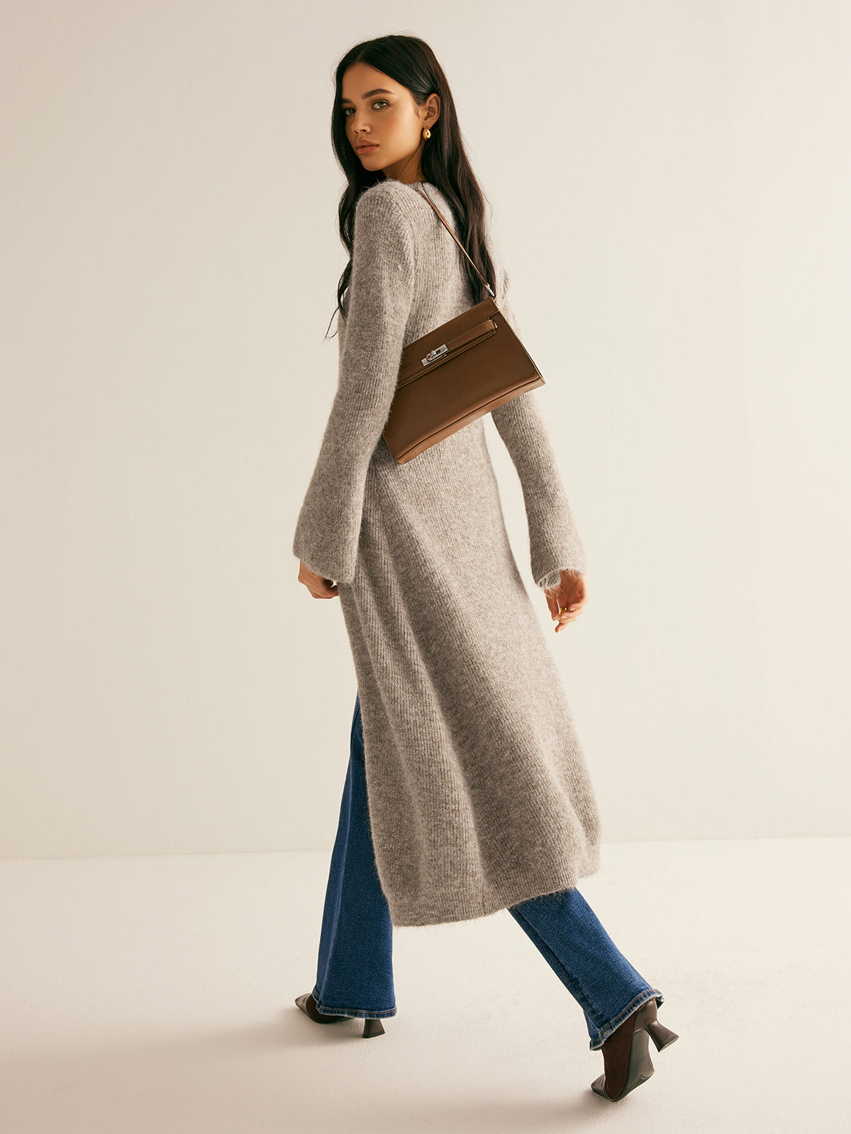 Women's Long Cardigan - V-Neck Button-Up Open Front Knit with Flared Sleeves Maxi Length