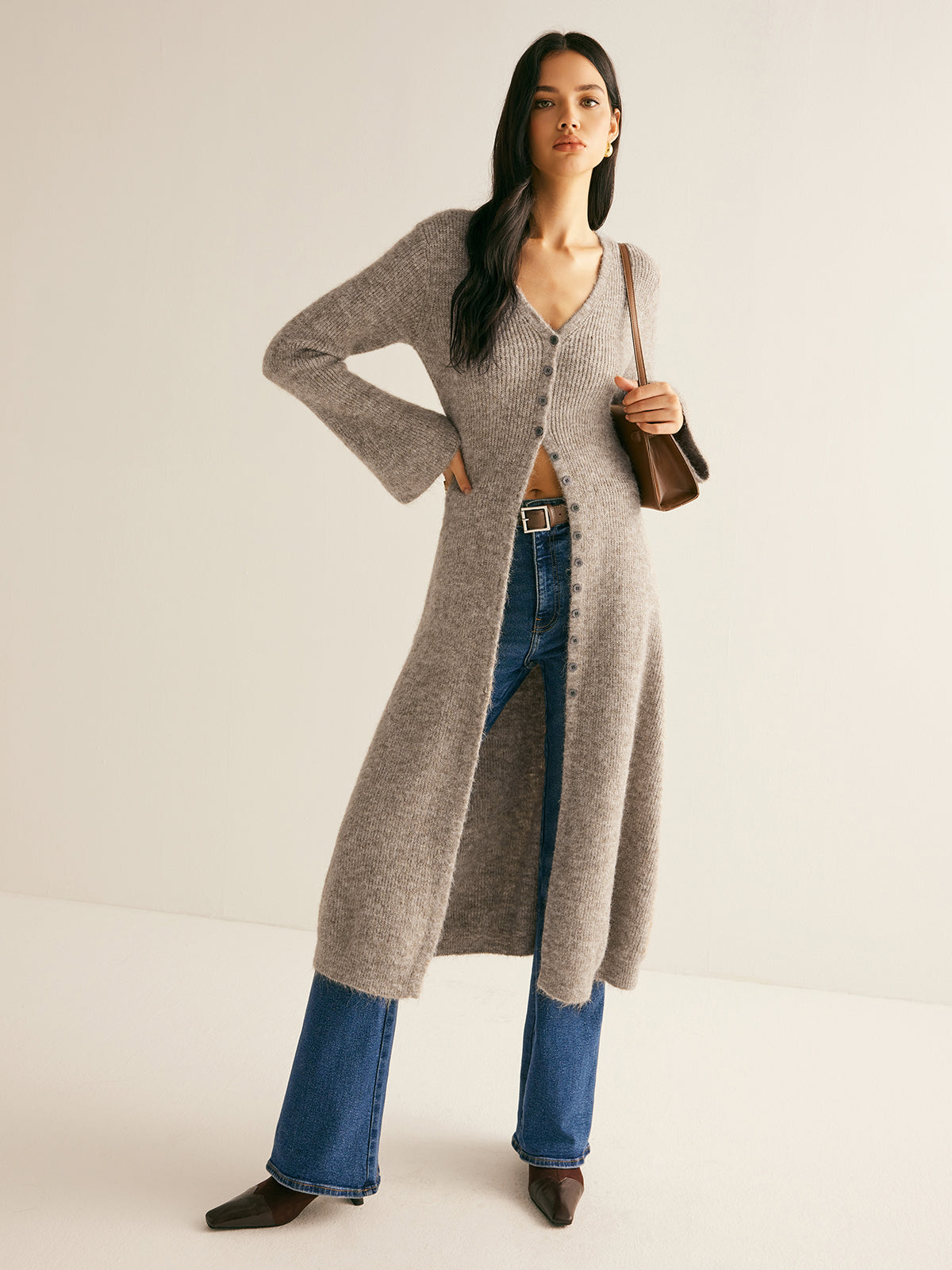 Women's Long Cardigan - V-Neck Button-Up Open Front Knit with Flared Sleeves Maxi Length