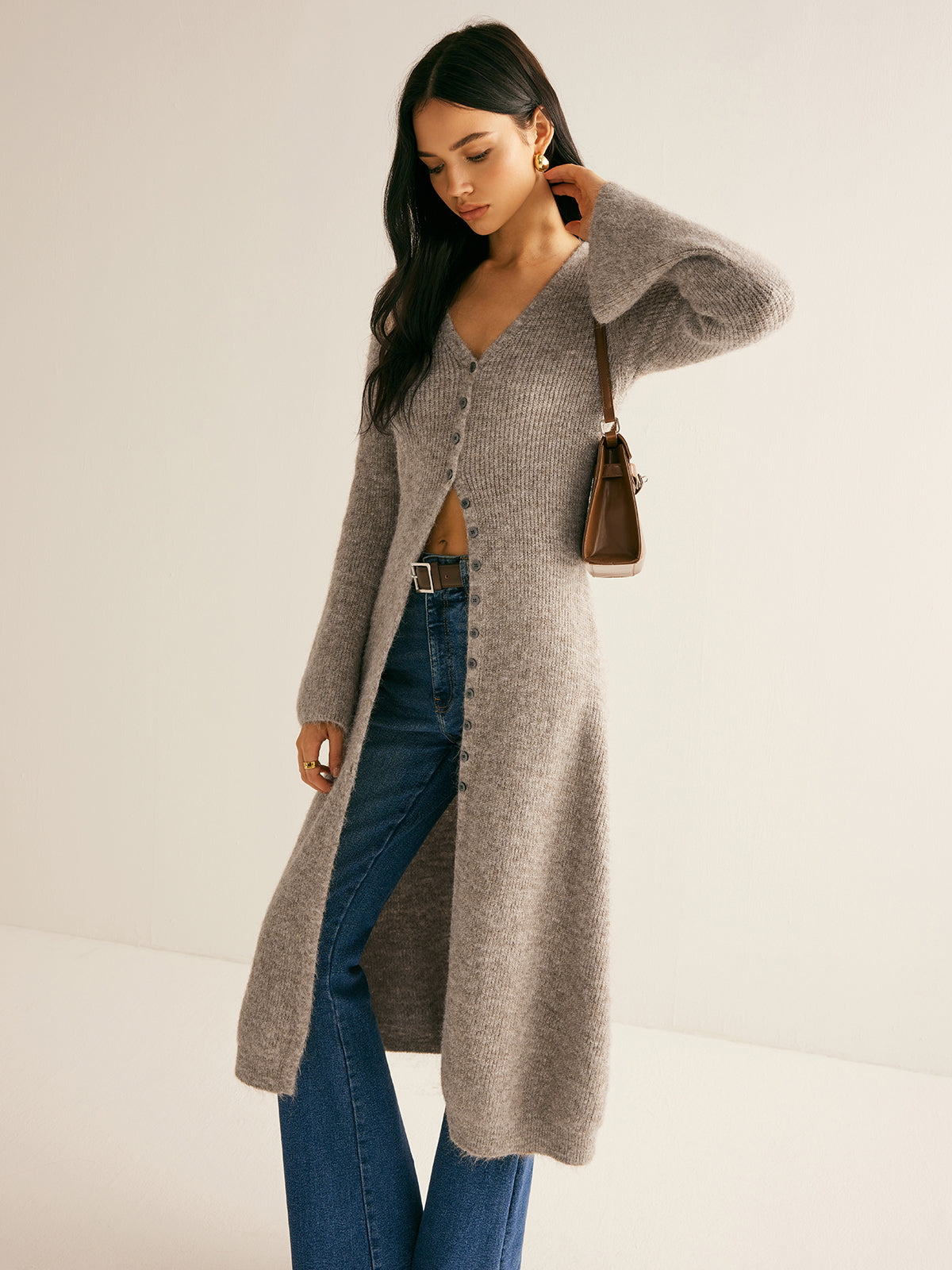 Women's Long Cardigan - V-Neck Button-Up Open Front Knit with Flared Sleeves Maxi Length