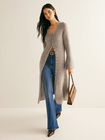 Women's Long Cardigan - V-Neck Button-Up Open Front Knit with Flared Sleeves Maxi Length