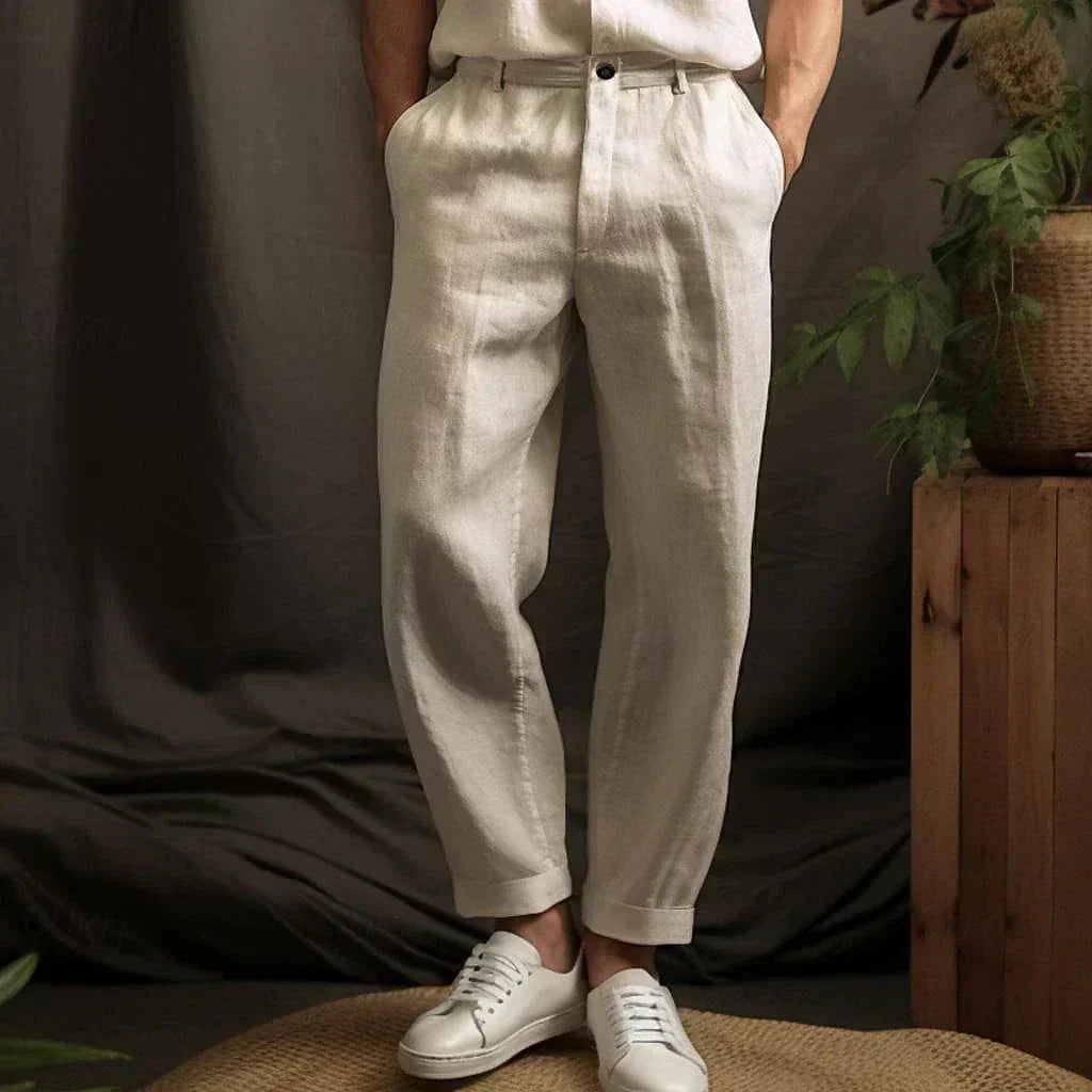 Men's Linen Pants - Pleated Tapered Leg Cuffed Hem Belt Loops