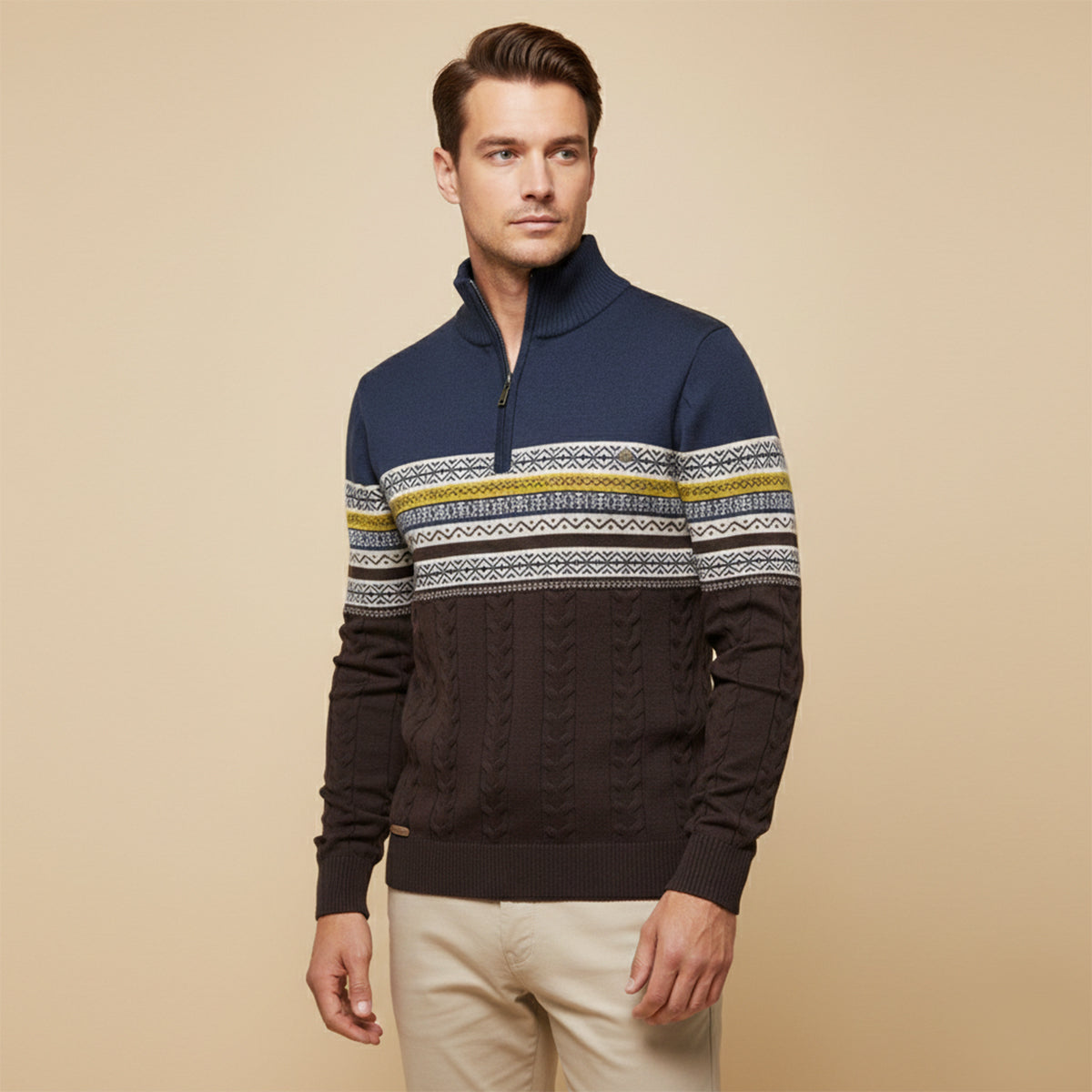 Men's Quarter Zip Jumper - Fair Isle Stripe Panel with Cable Knit Body and Mock Collar