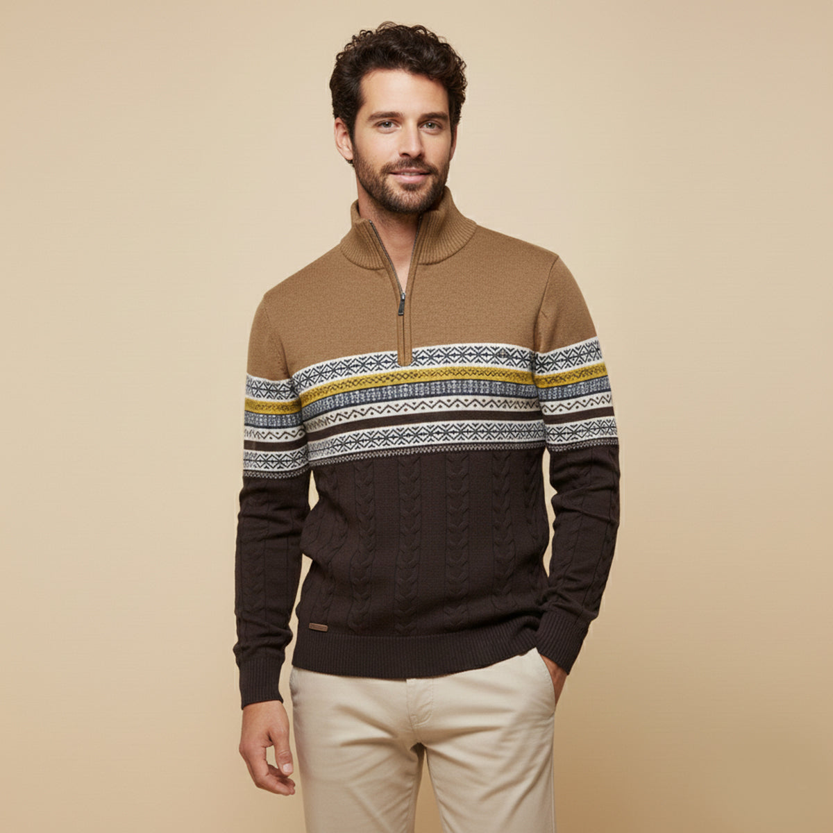 Men's Quarter Zip Jumper - Fair Isle Stripe Panel with Cable Knit Body and Mock Collar
