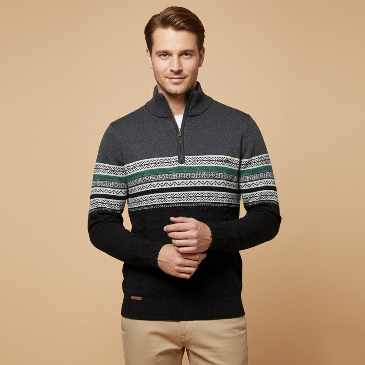 Men's Quarter Zip Jumper - Fair Isle Stripe Panel with Cable Knit Body and Mock Collar