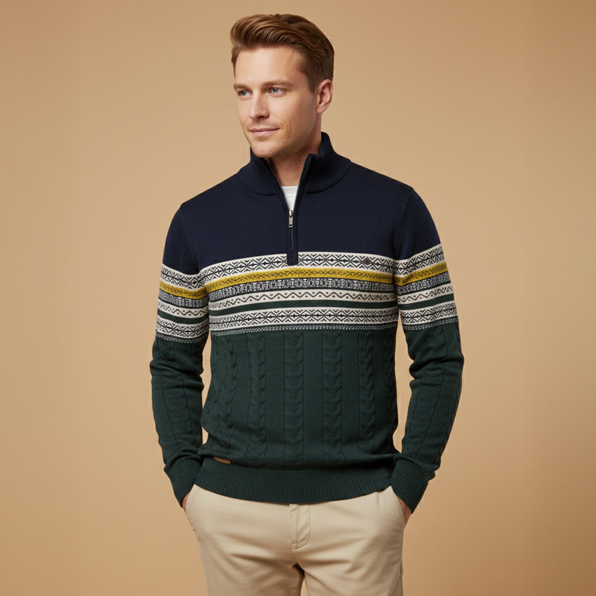 Men's Quarter Zip Jumper - Fair Isle Stripe Panel with Cable Knit Body and Mock Collar