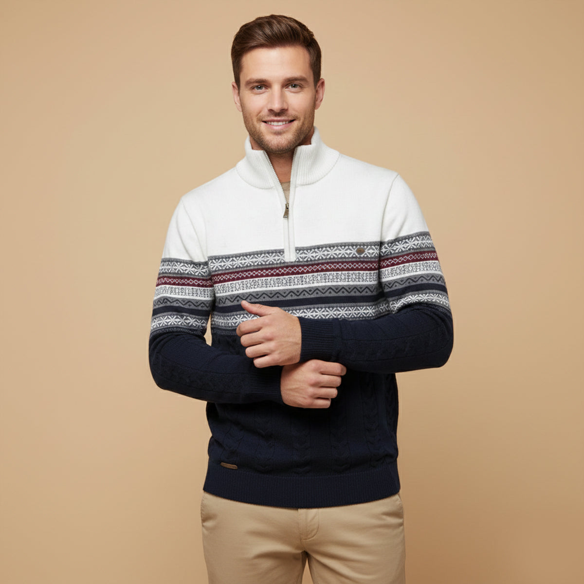Men's Quarter Zip Jumper - Fair Isle Stripe Panel with Cable Knit Body and Mock Collar