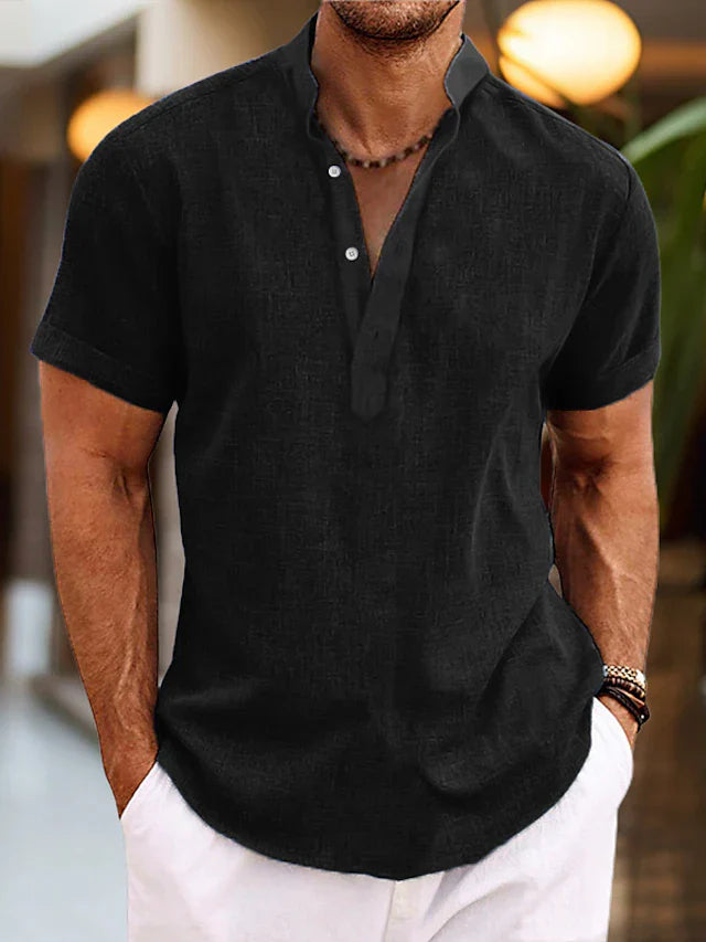 Men’s Short Sleeve Henley Shirt with Stand Collar and Button Placket