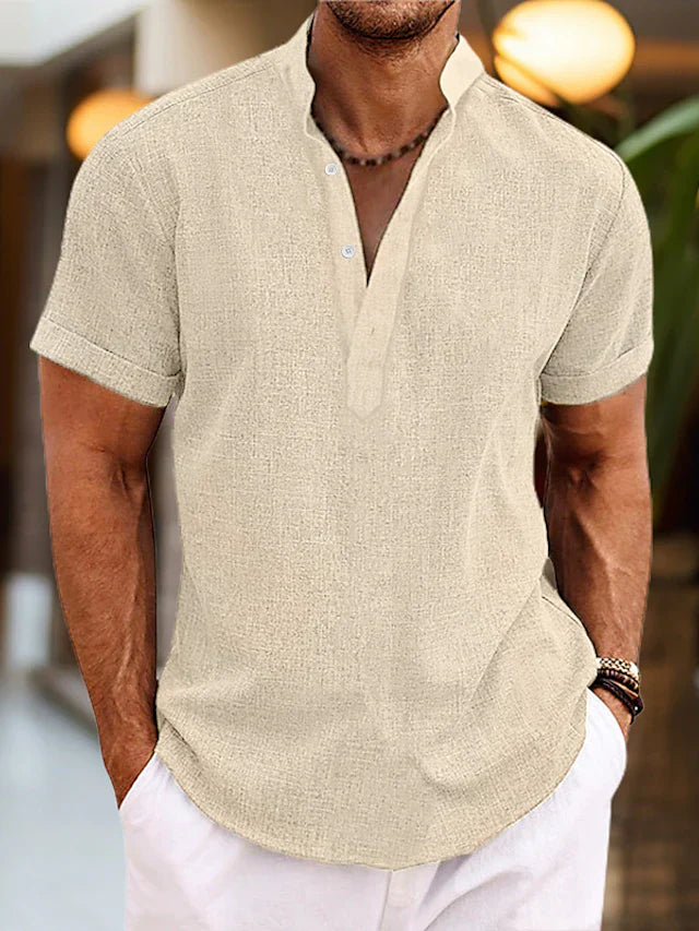 Men’s Short Sleeve Henley Shirt with Stand Collar and Button Placket