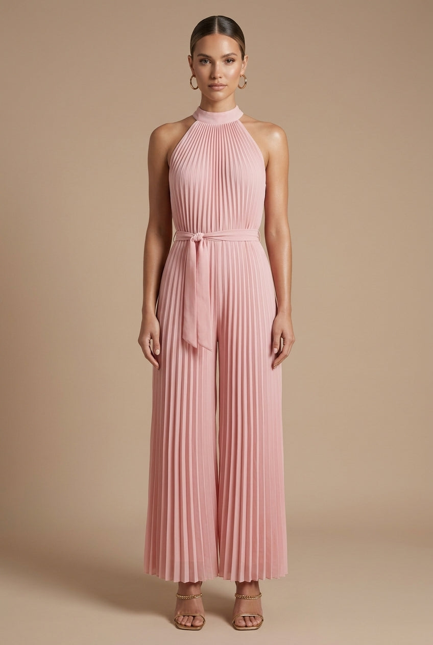 Women's Jumpsuit - Wide Leg Halter Neck Pleated Sleeveless with Tie Waist