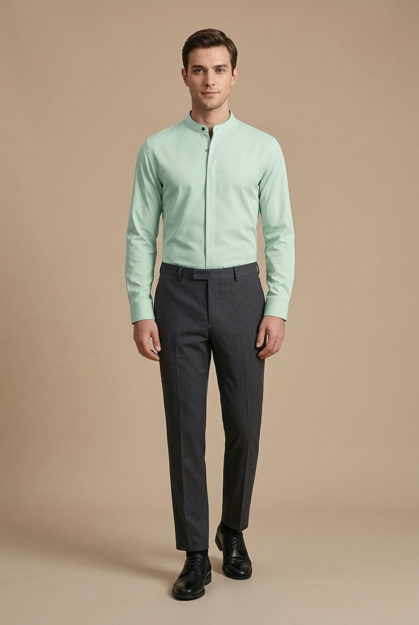 Men's Band Collar Shirt - Hidden Placket - Long Sleeve