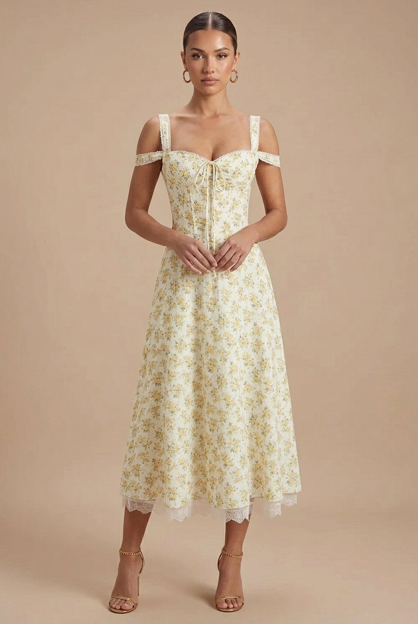 Women's Floral Corset Midi Dress - Off Shoulder - Lace Hem