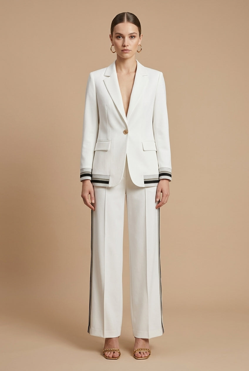Women's Two Piece Set - Open Front Jacket and Wide Leg Pants with Stripe Trim