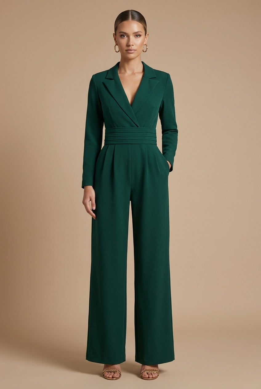 Women's Jumpsuit - Wide Leg Notch Lapel Long Sleeve Deep V Wrap Bodice
