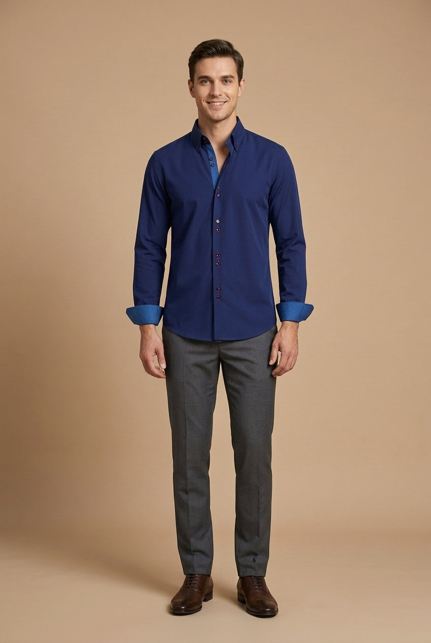 Men's Long Sleeve Dress Shirt - Button Down - Contrast Inner Lining