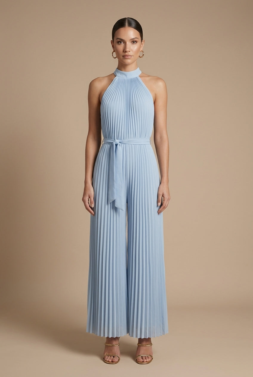 Women's Jumpsuit - Wide Leg Halter Neck Pleated Sleeveless with Tie Waist