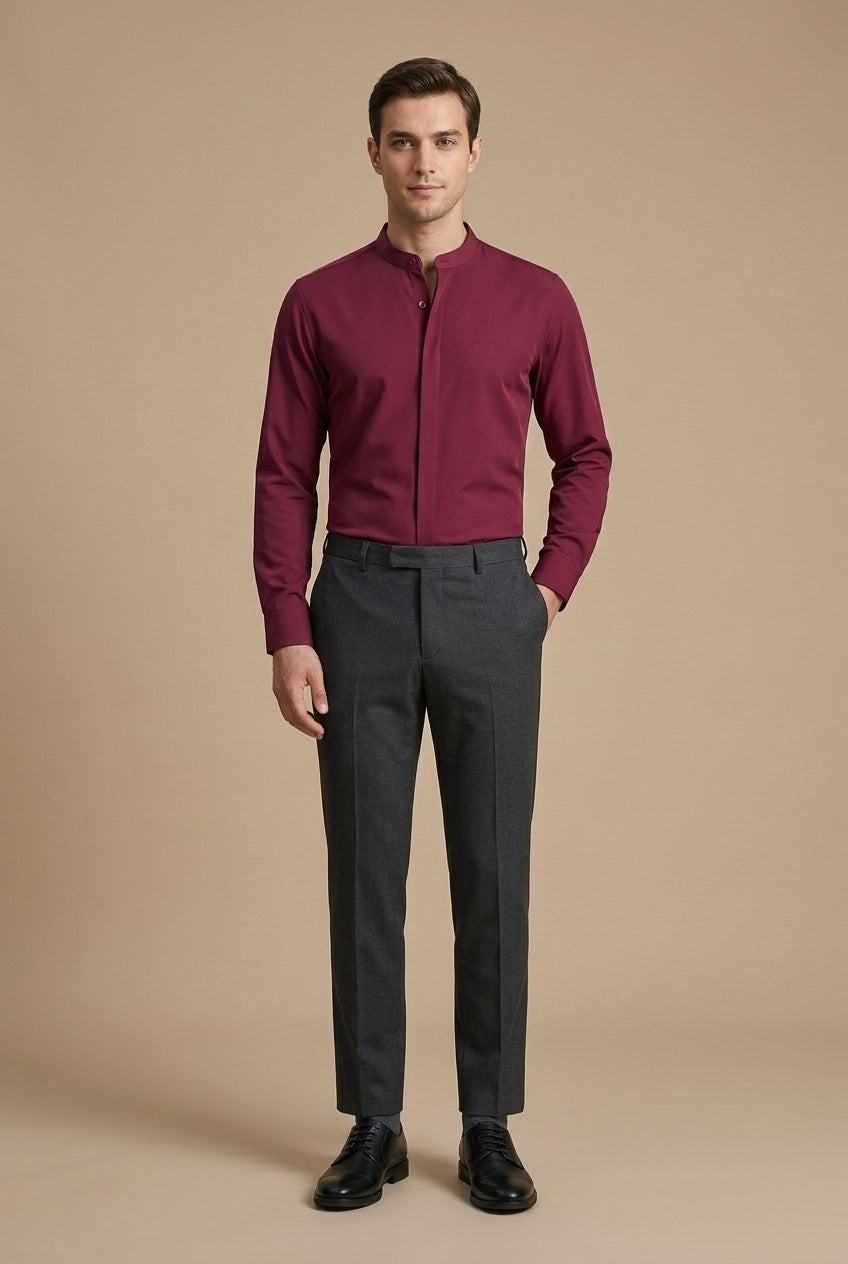 Men's Band Collar Shirt - Hidden Placket - Long Sleeve