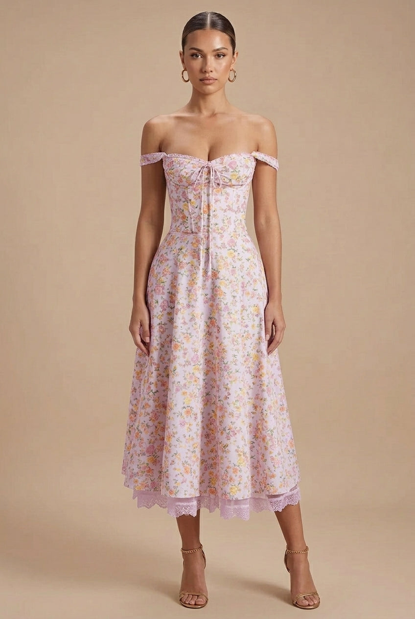 Women's Floral Corset Midi Dress - Off Shoulder - Lace Hem