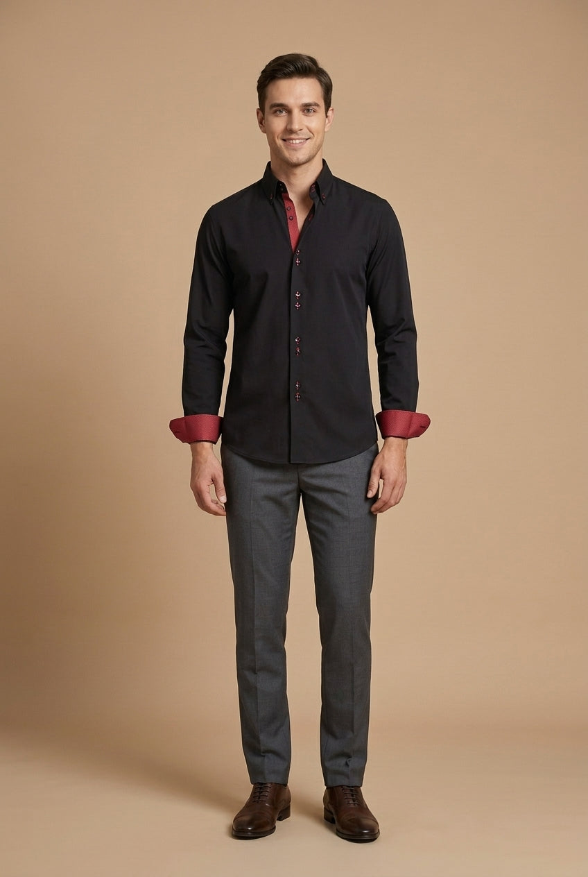 Men's Long Sleeve Dress Shirt - Button Down - Contrast Inner Lining