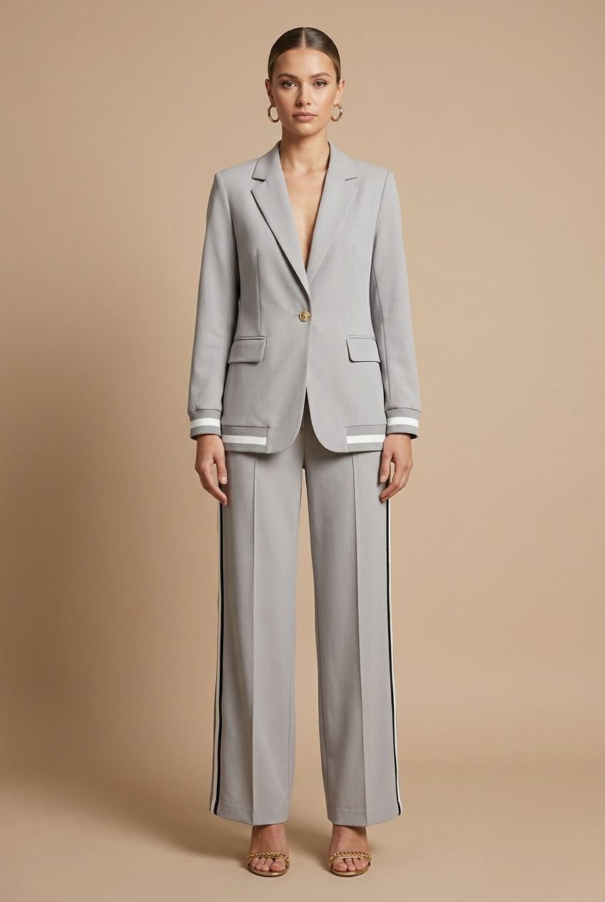Women's Two Piece Set - Open Front Jacket and Wide Leg Pants with Stripe Trim