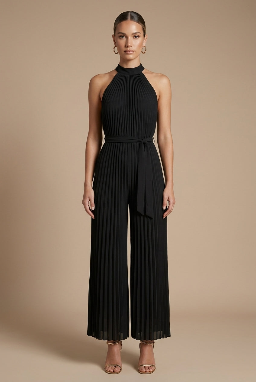 Women's Jumpsuit - Wide Leg Halter Neck Pleated Sleeveless with Tie Waist