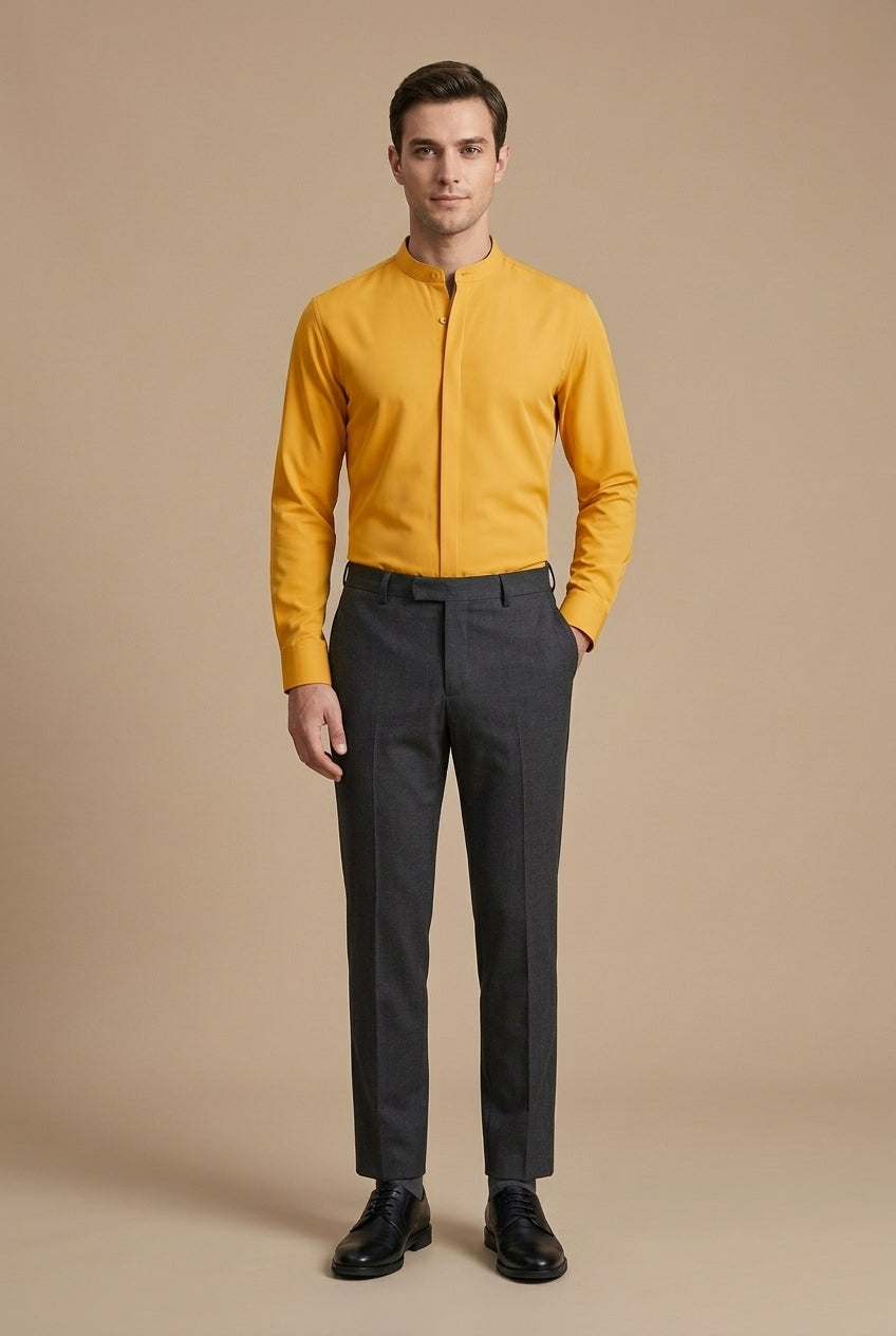 Men's Band Collar Shirt - Hidden Placket - Long Sleeve