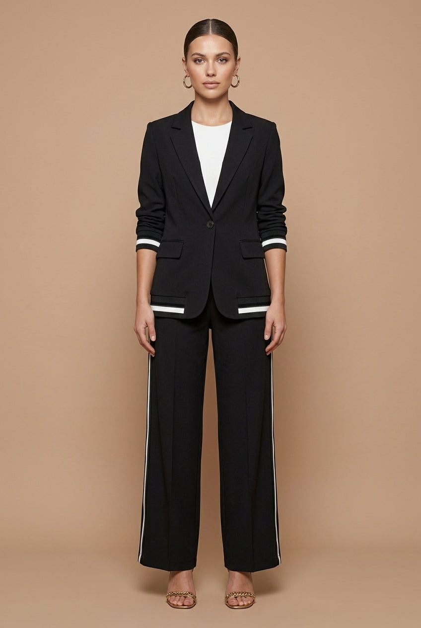 Women's Two Piece Set - Open Front Jacket and Wide Leg Pants with Stripe Trim