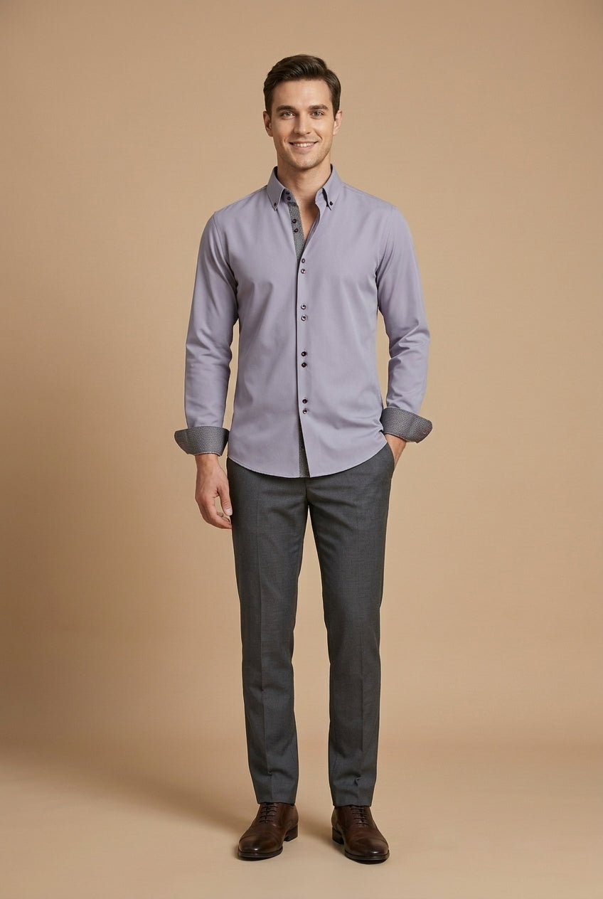 Men's Long Sleeve Dress Shirt - Button Down - Contrast Inner Lining