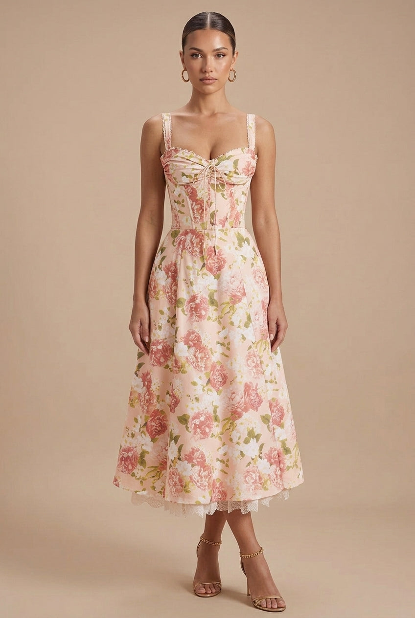 Women's Floral Corset Midi Dress - Off Shoulder - Lace Hem