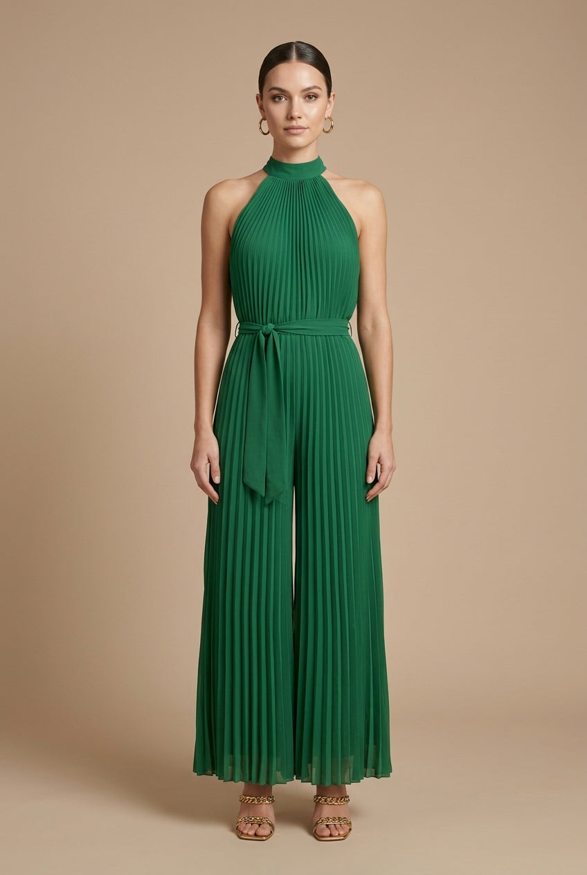 Women's Jumpsuit - Wide Leg Halter Neck Pleated Sleeveless with Tie Waist