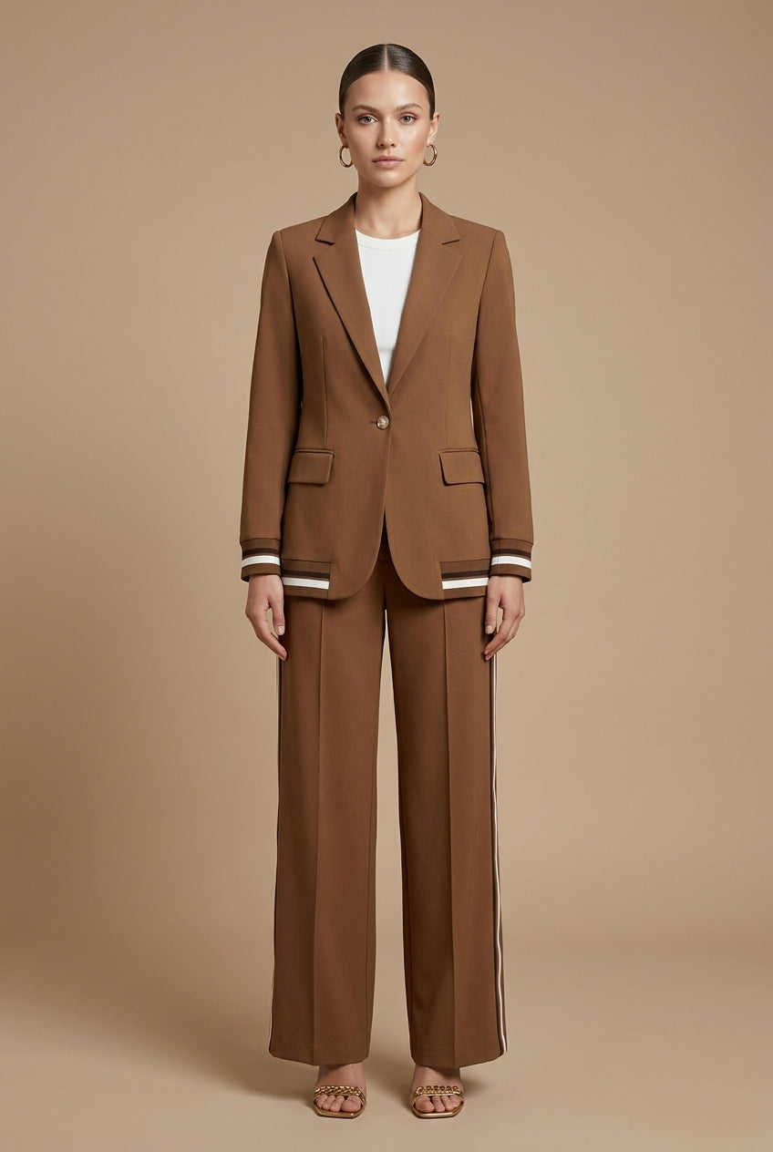 Women's Two Piece Set - Open Front Jacket and Wide Leg Pants with Stripe Trim