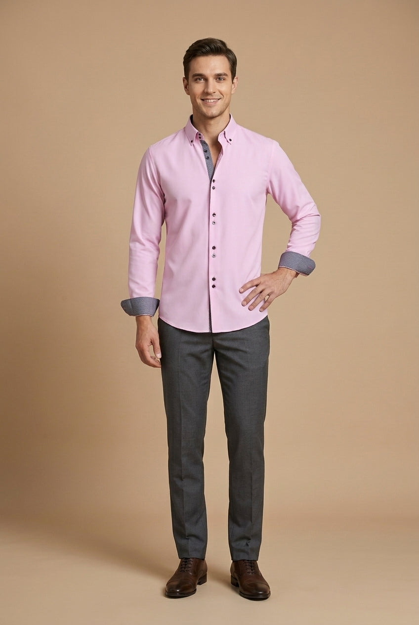 Men's Long Sleeve Dress Shirt - Button Down - Contrast Inner Lining