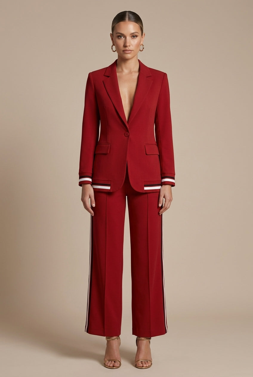Women's Two Piece Set - Open Front Jacket and Wide Leg Pants with Stripe Trim